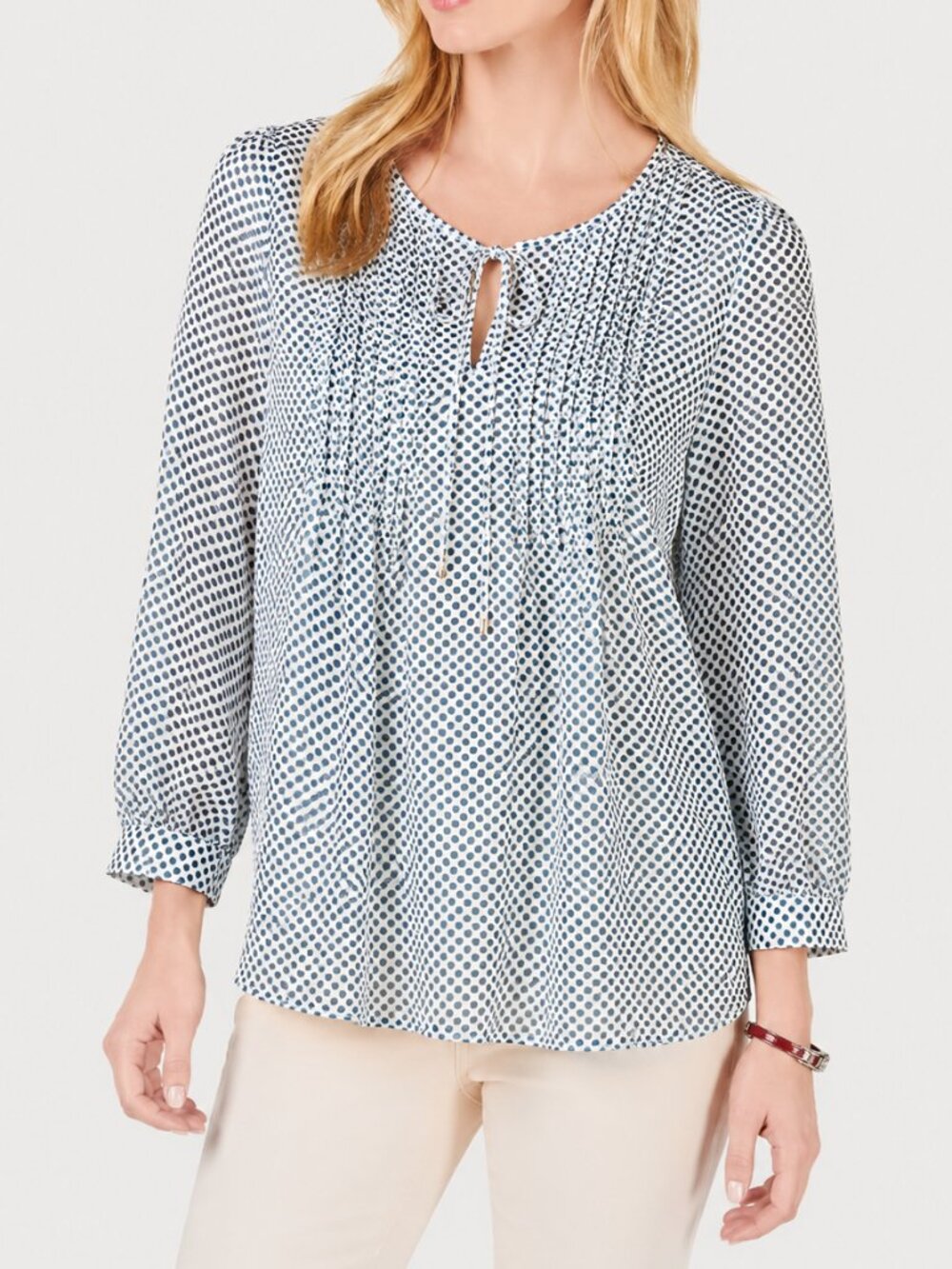 Tommy Hilfiger White Blue Polka Dot Chiffon Tie Neck Long Sleeve Blouse XS